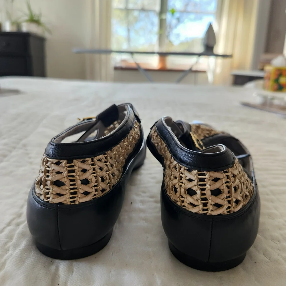 Tibi Wilder Black and Natural Raffia Pointed-Toe Flats